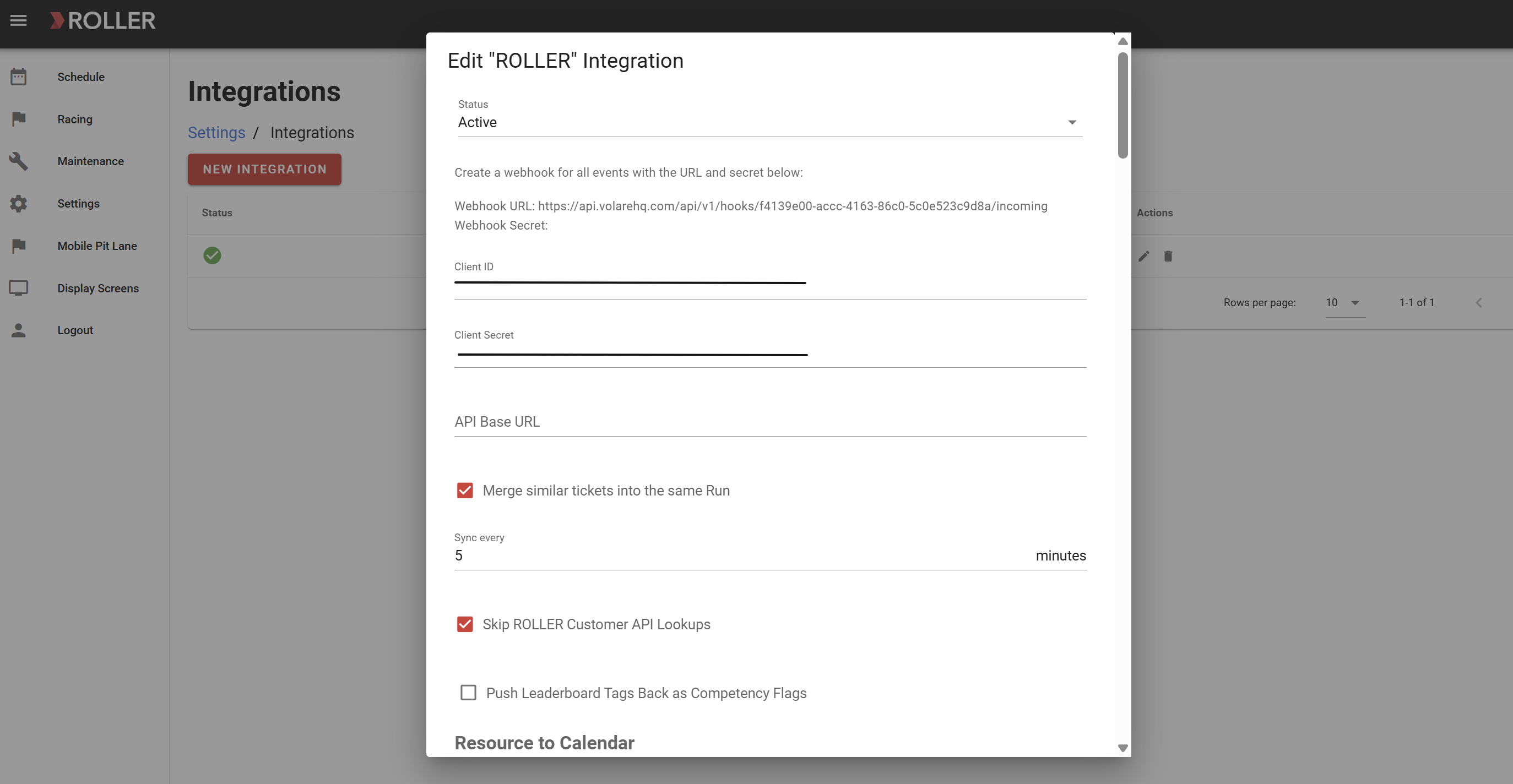 Integration settings for ROLLER, including webhook URL and sync options.